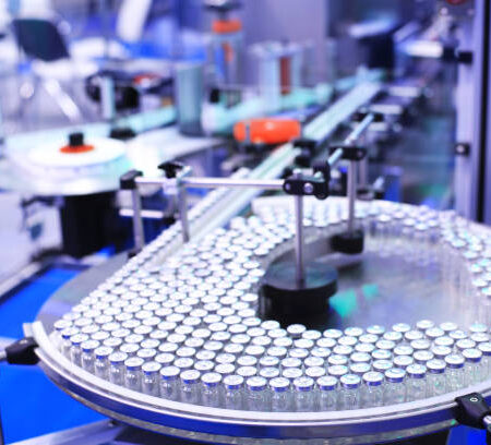 Factory for the production of medicines, glass bottles on the conveyor